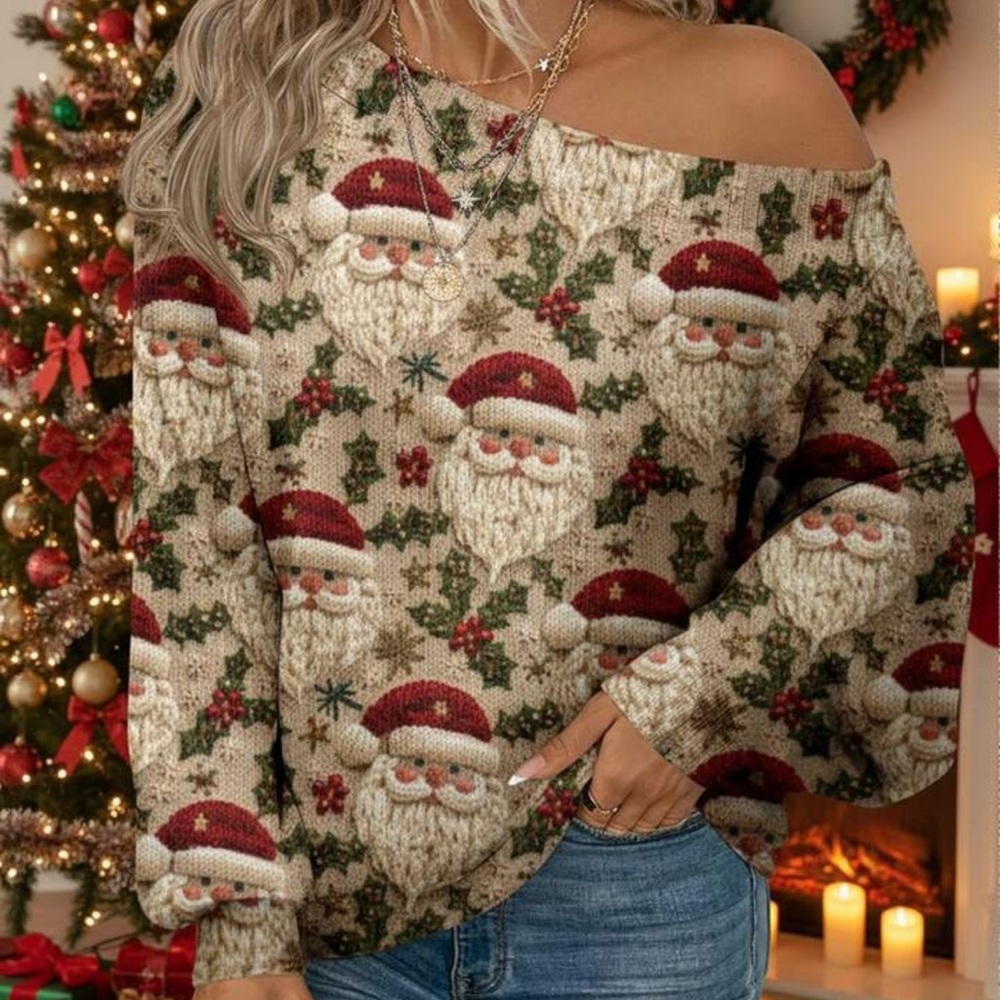 Festive Santa Print Off-Shoulder Sweater